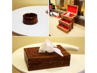 Pack of 3 Wooden Handicraft Items - Jewellery Box Tralli, Ashtray, Tissue Box